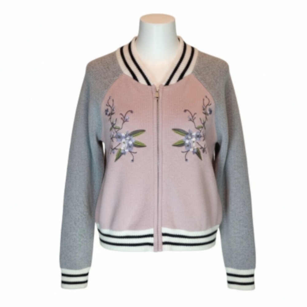 True Craft Embroidered Varsity Sweater Gray Pink Striped Trim  Women Size Large